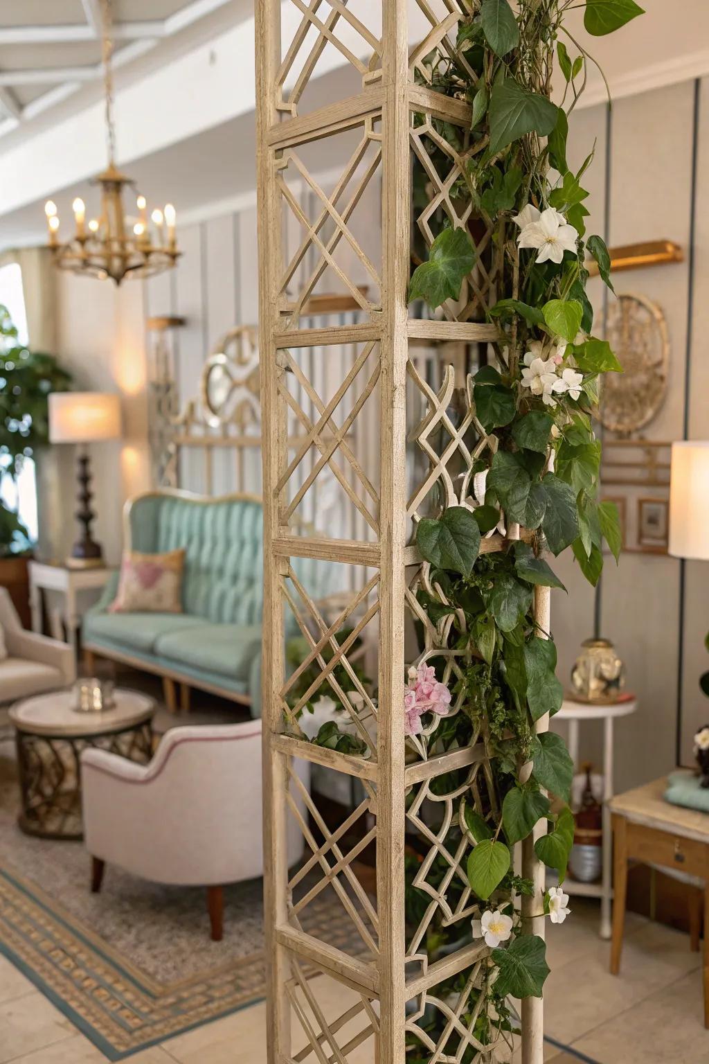 A vintage-themed chamber showcases a Sweetheart plant on an Art Trend-inspired trellis.