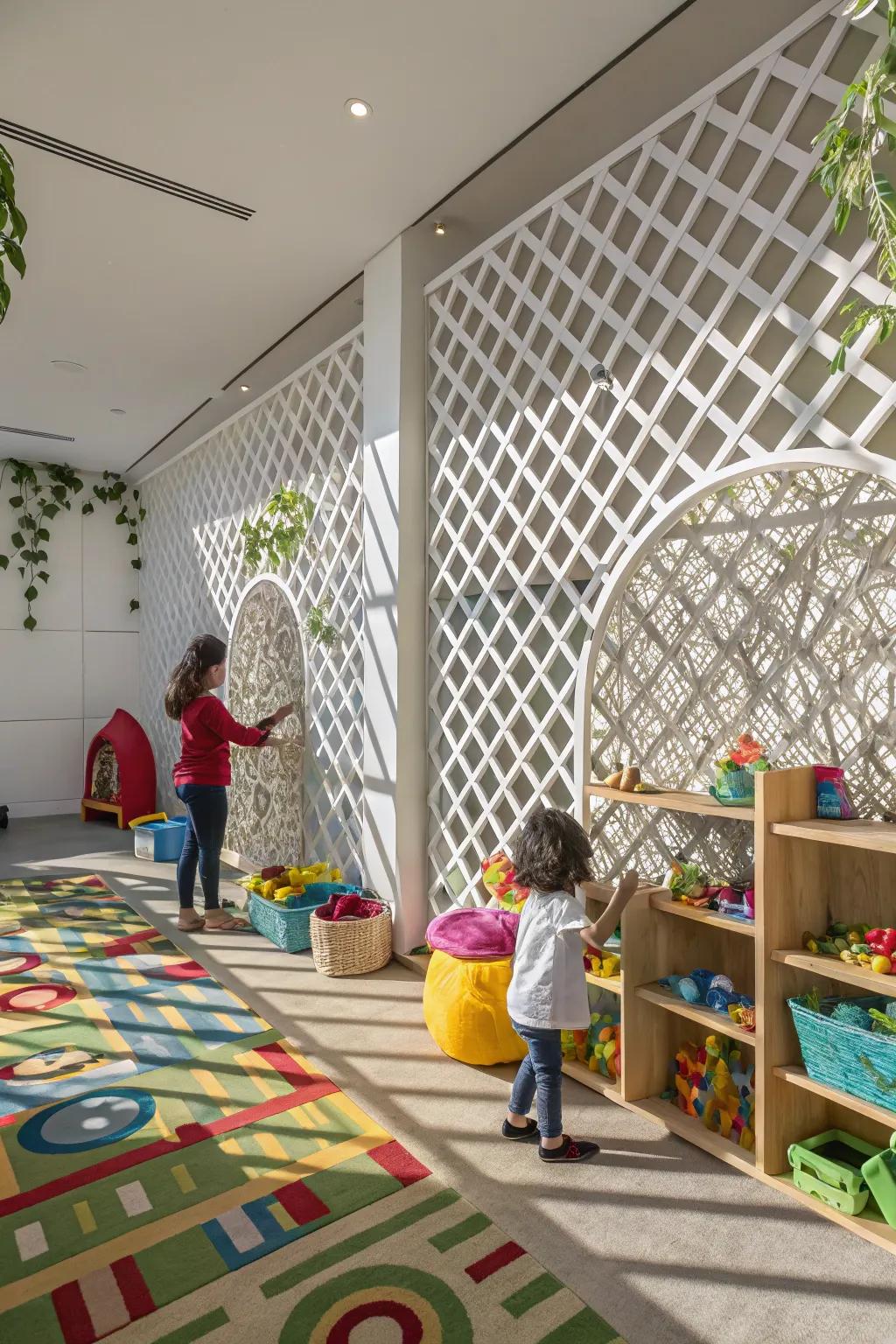 Whimsical grid enhancing the cheerfulness of a children&rsquo;s playroom.