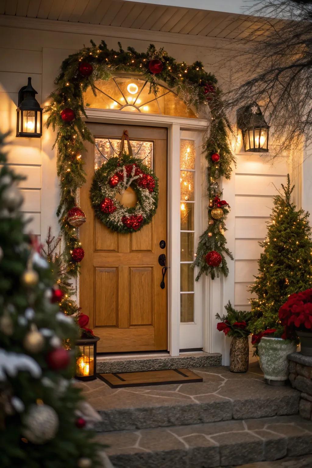 Festive touches bring a holiday feel to this door.