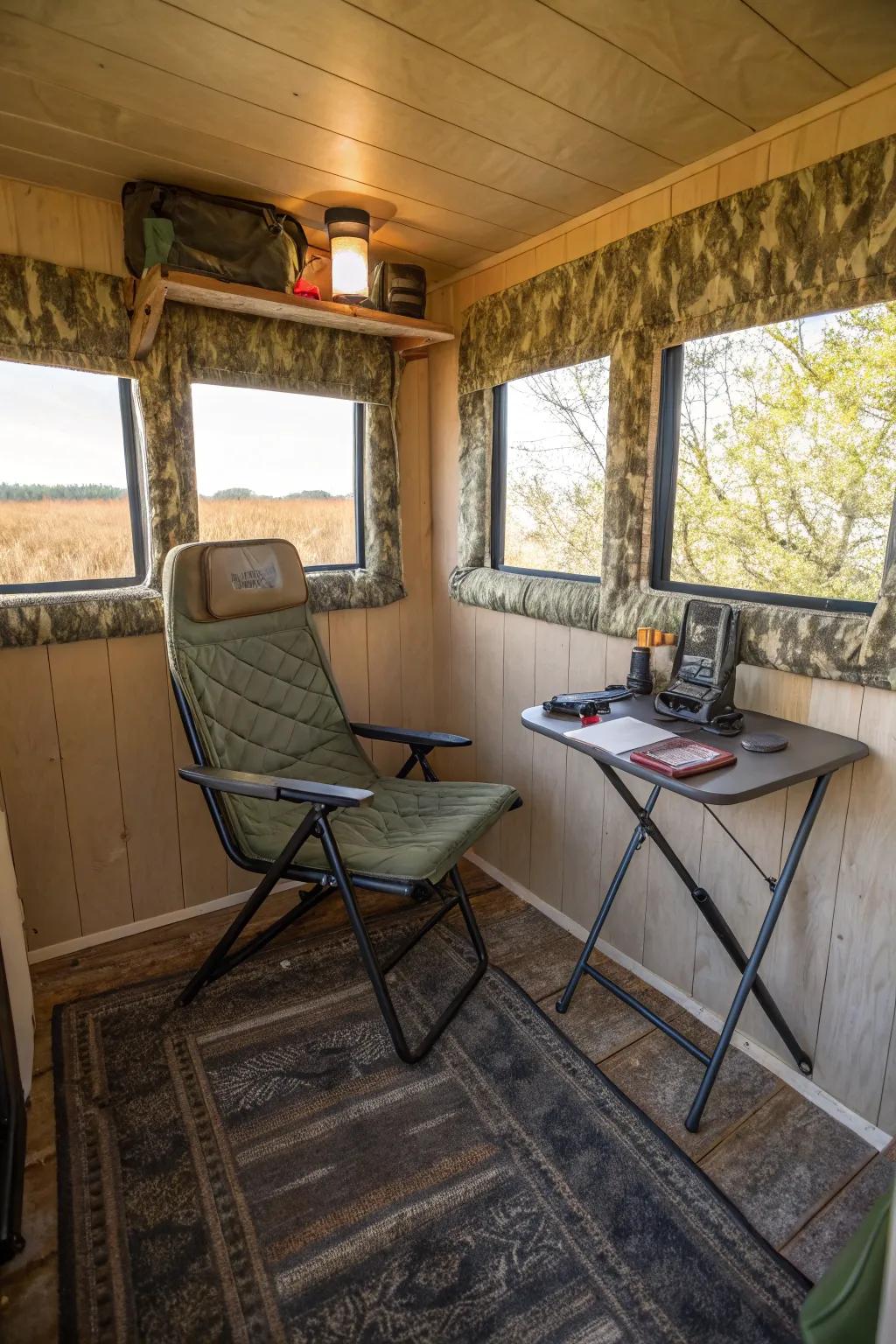 Soundproof stools deliver tranquility and comfort throughout extended hunting expeditions.