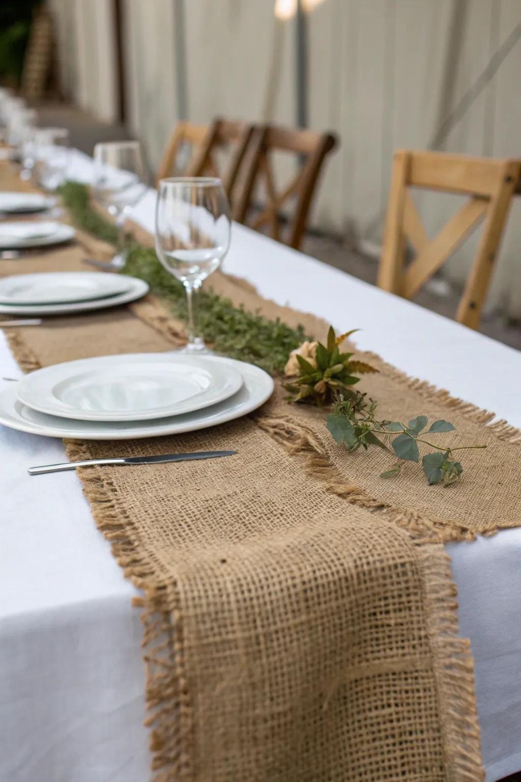 Burlap runners add an earthy and rustic touch.