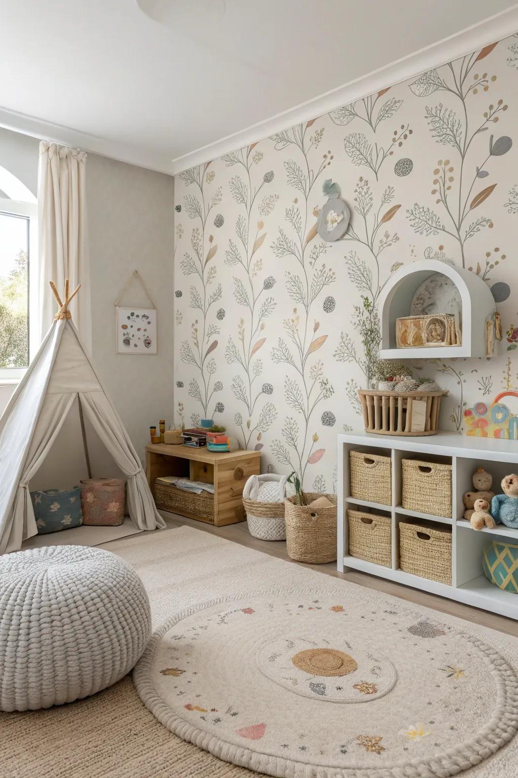 A playroom featuring eco-conscious wall decoration combining safety through elegance.