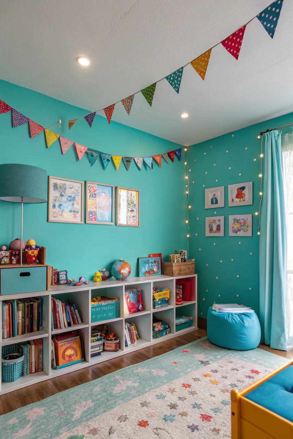 Vivid turquoise fashions a lively and inspiring space.