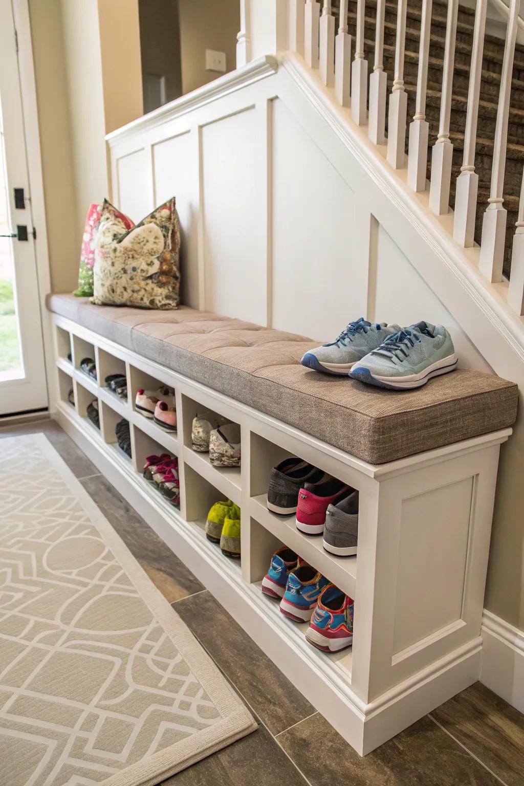 A bench with shoe slots combines function with style.