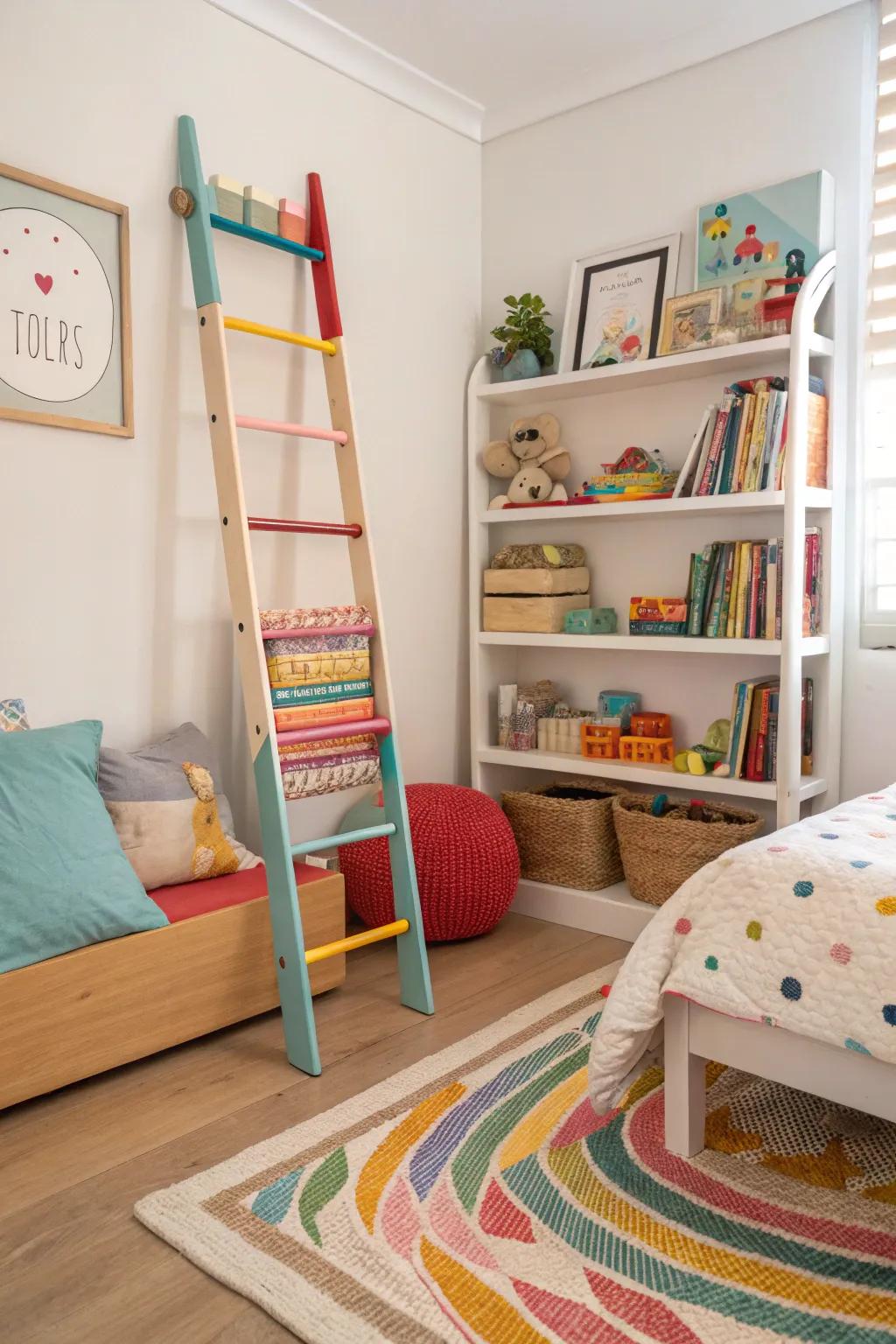A ladder organizer adds fun and function to a child's room.