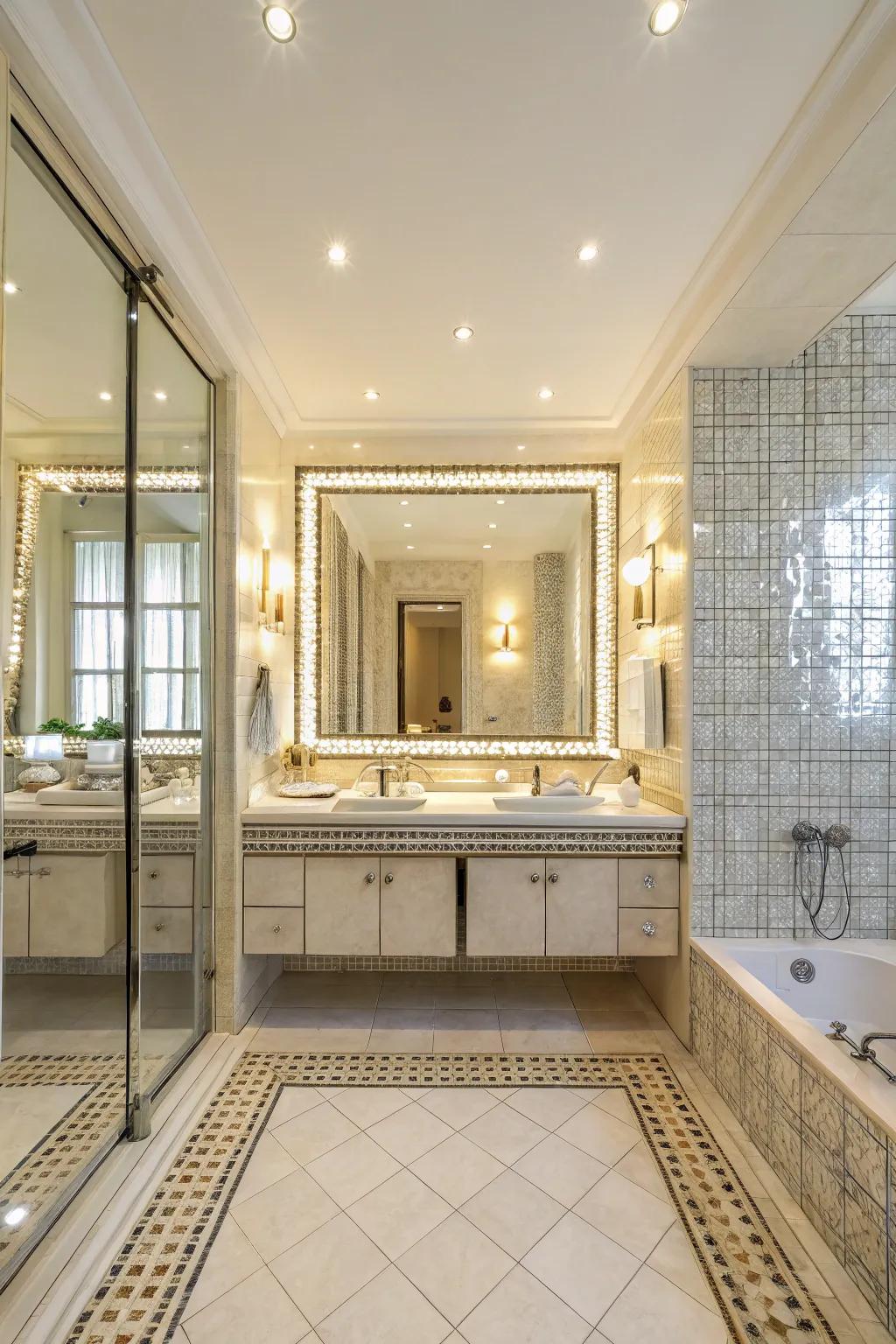 Reflective squares craft an illusion of expansive space and amplified radiance.