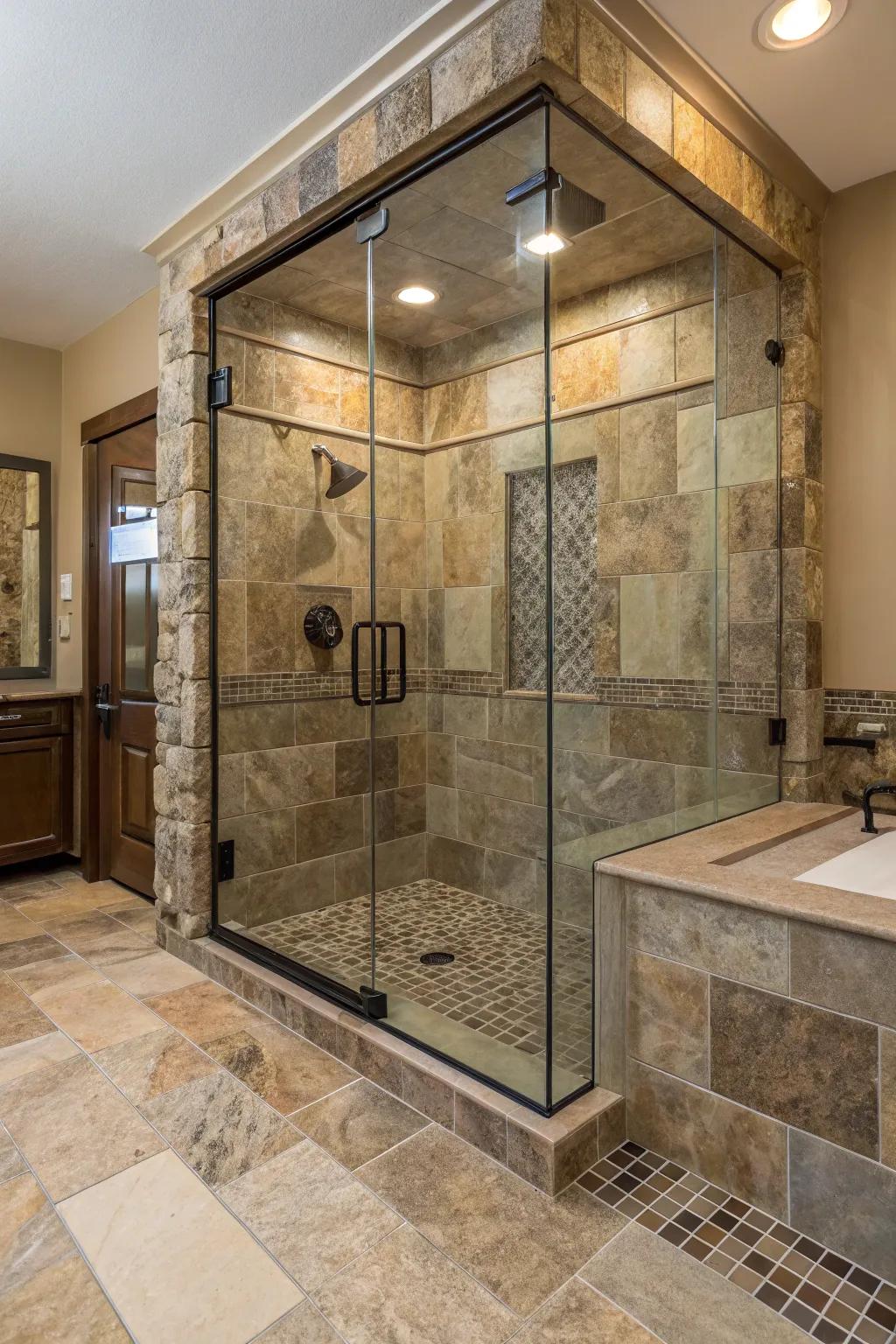 Material blending contributes an eclectic charm to showers featuring large coverings.