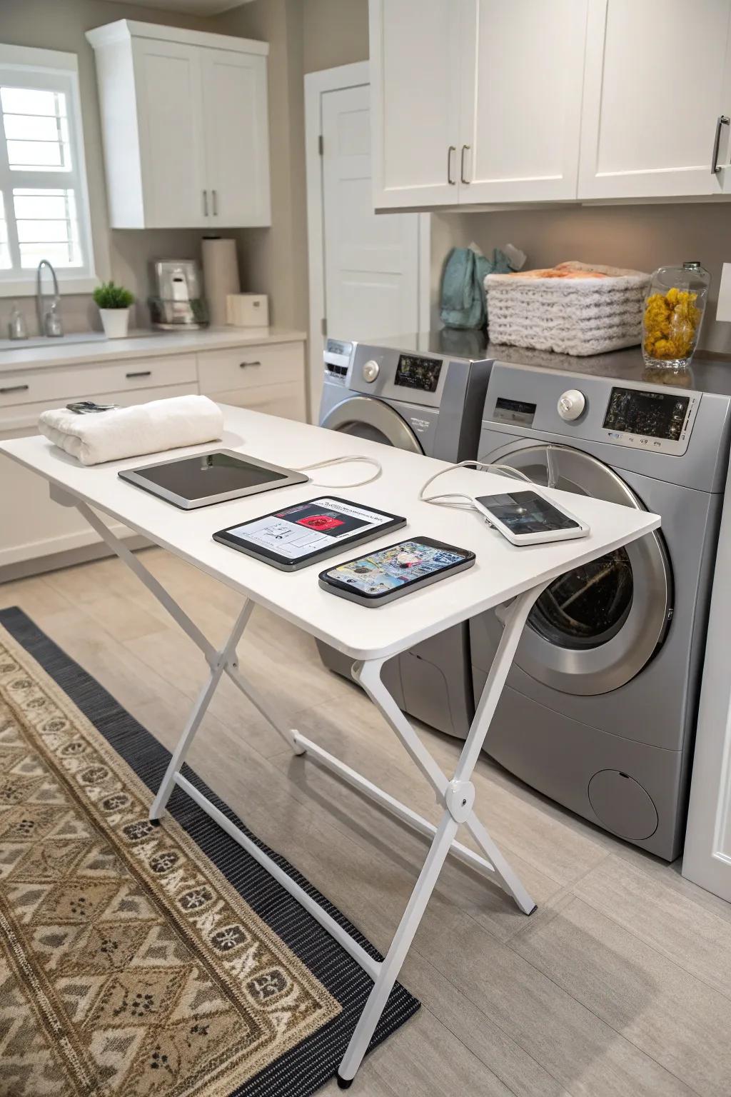 A smart table integrates technology for added functionality.