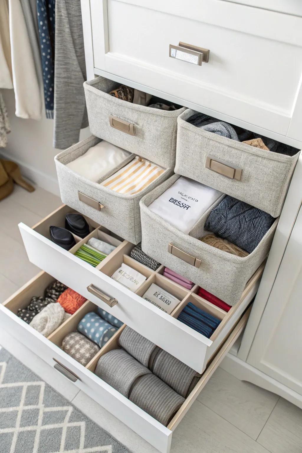 Drawer dividers aid in structuring smaller items inside a linen closet.