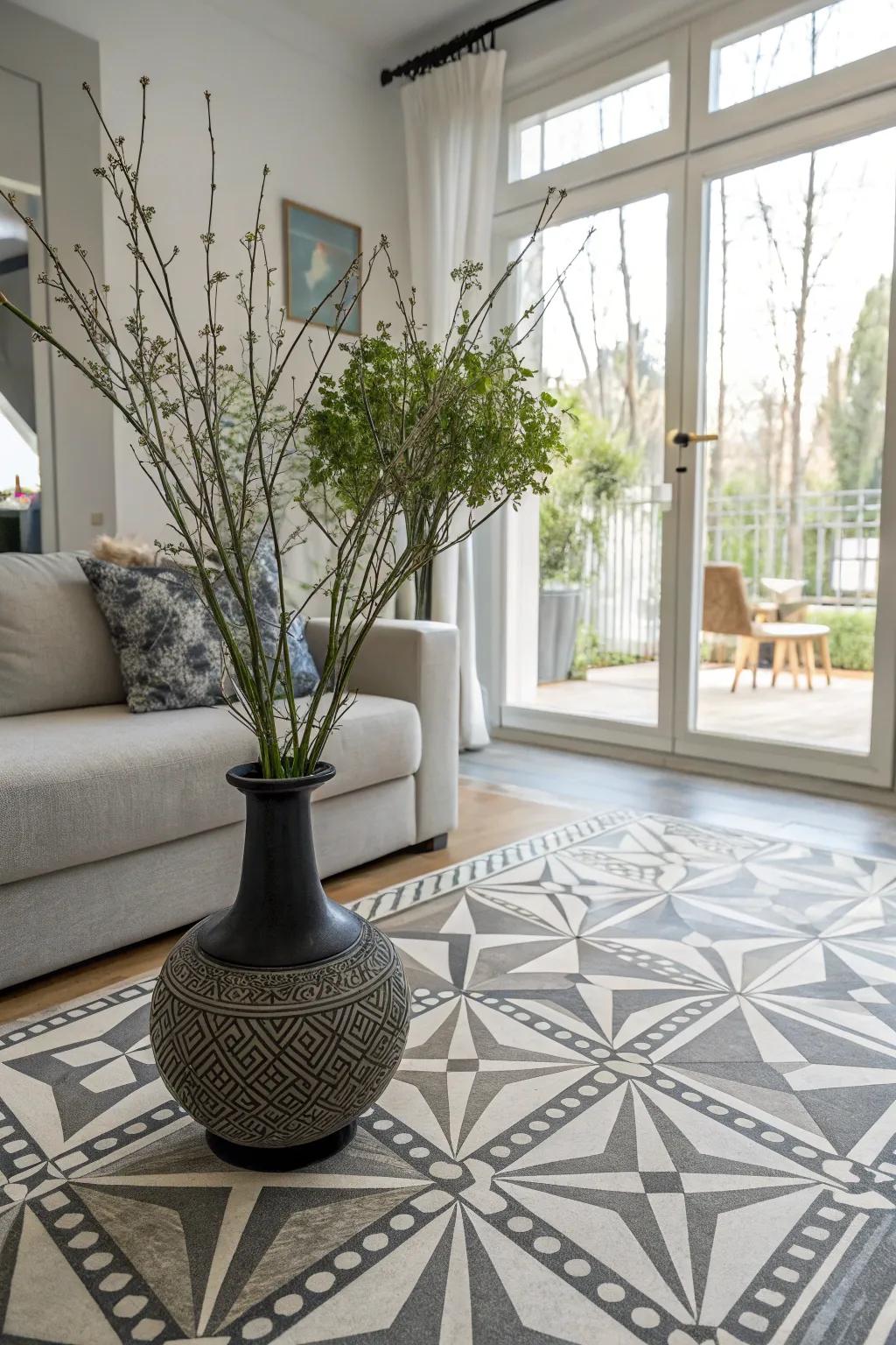 Form art on a vase injects a modern, artistic appeal to family room d&eacute;cor.