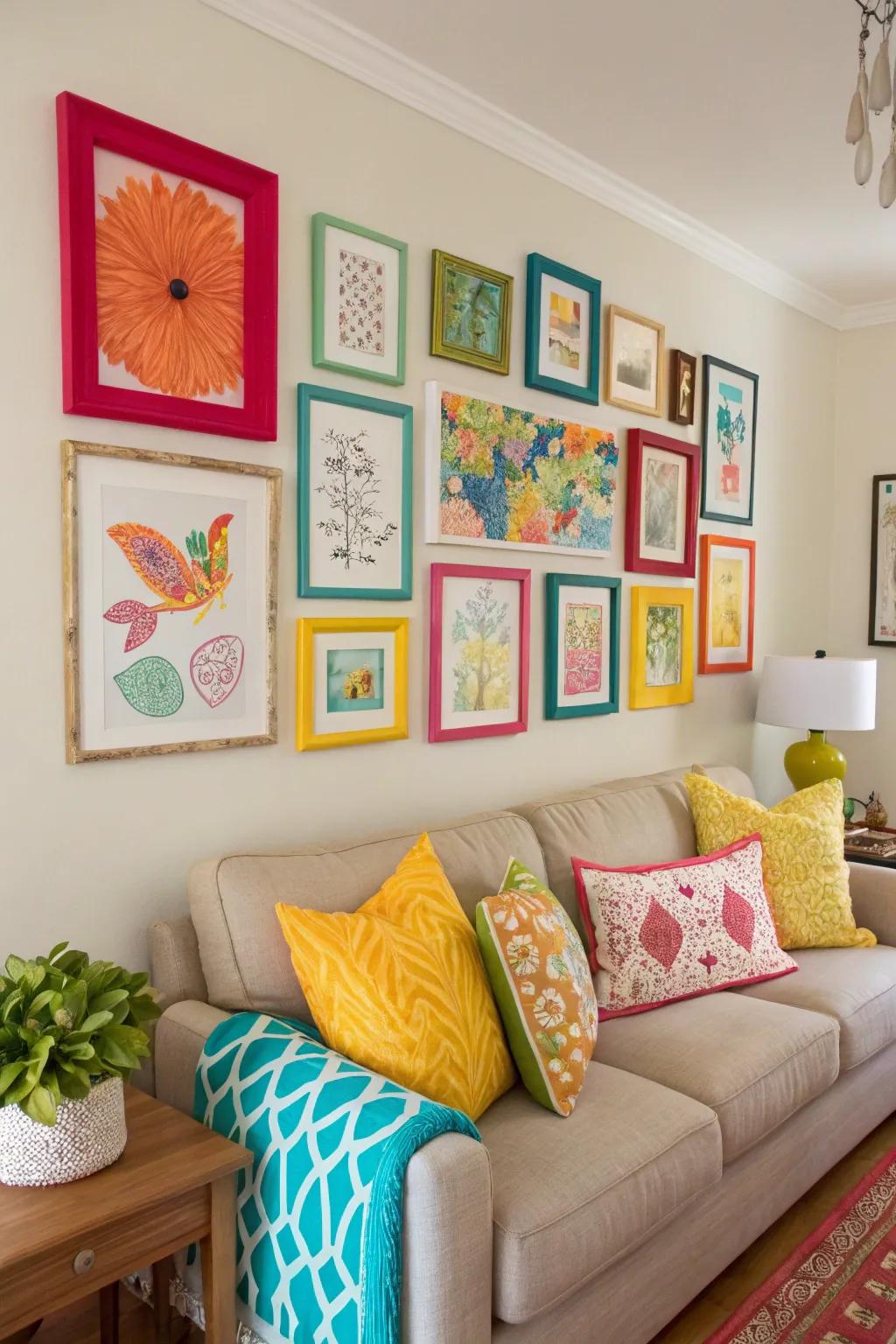 Energize your photo wall by introducing bursts of vibrant colors.