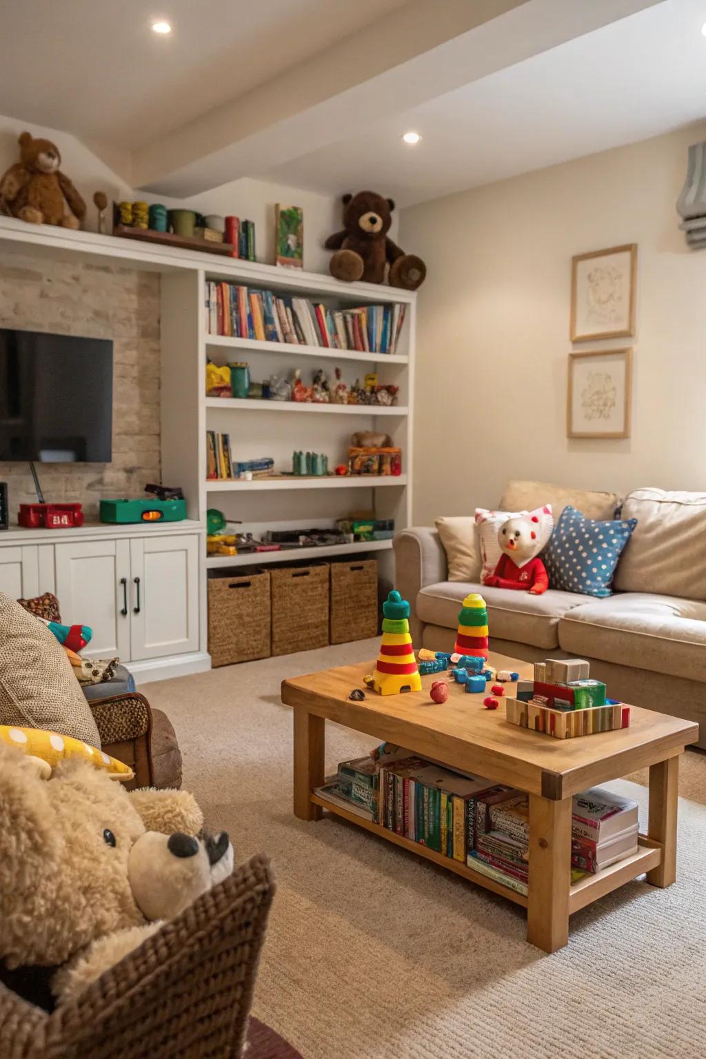Artfully displayed toys add character and charm to the decor.