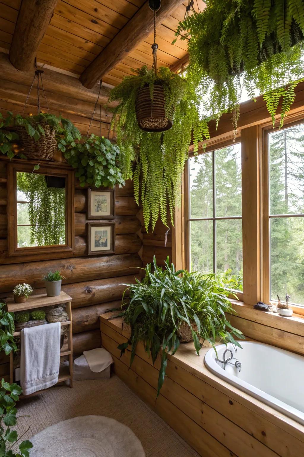 A log cabin bathroom using vibrant plants and organic items.