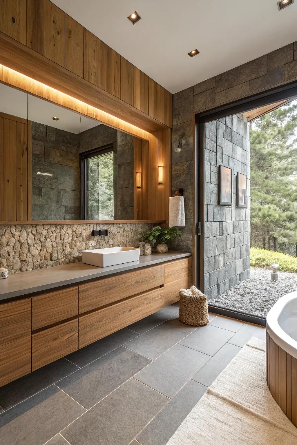 A contemporary bathroom featuring raw accents like wood and stone.