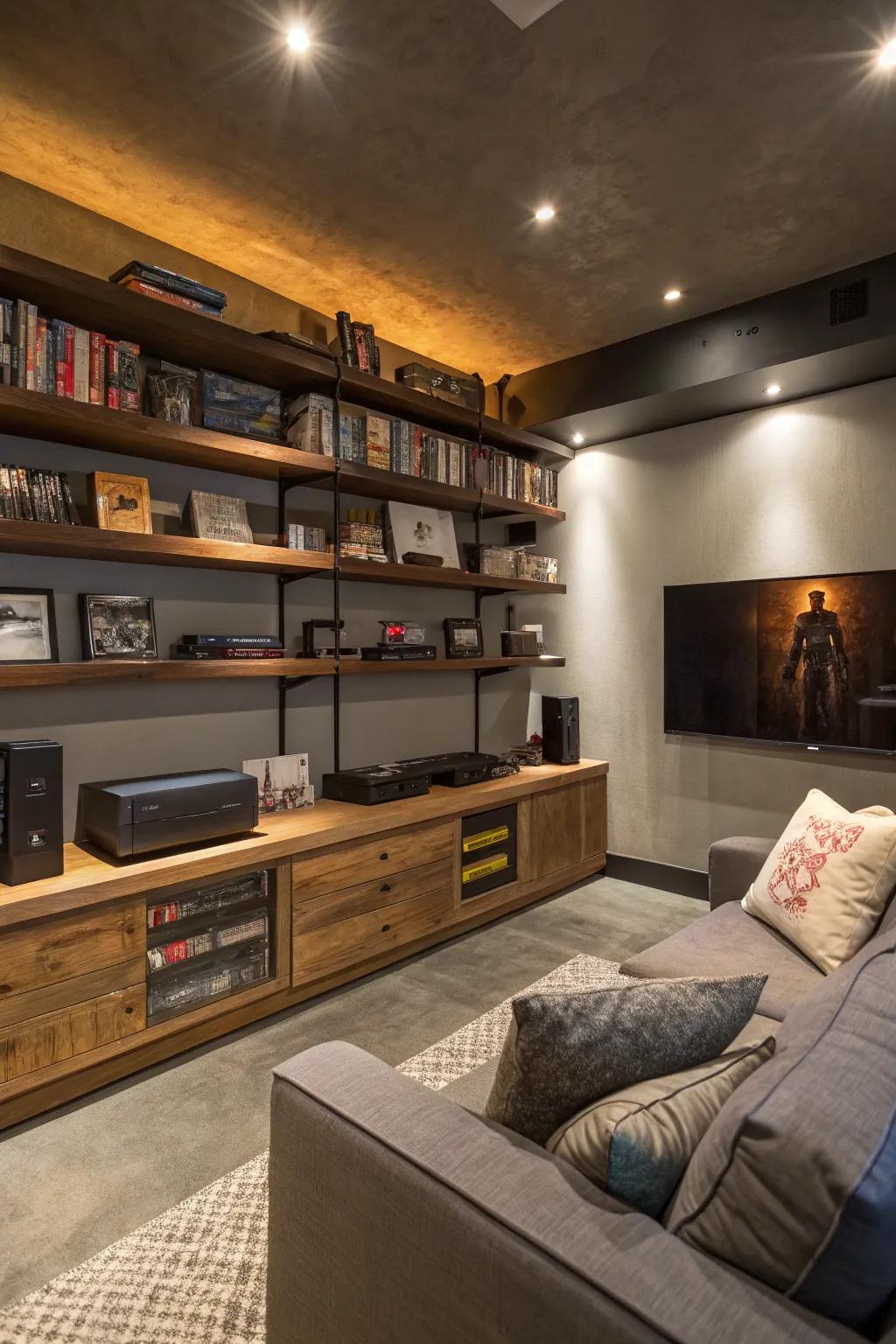 Forward-thinking storage keeps the man cave orderly.