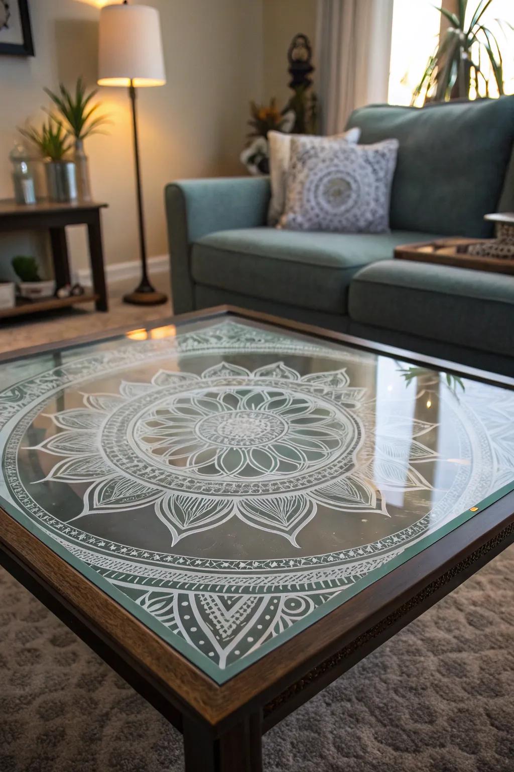 Etched mandala patterns on a glass coffee table adding sophistication.