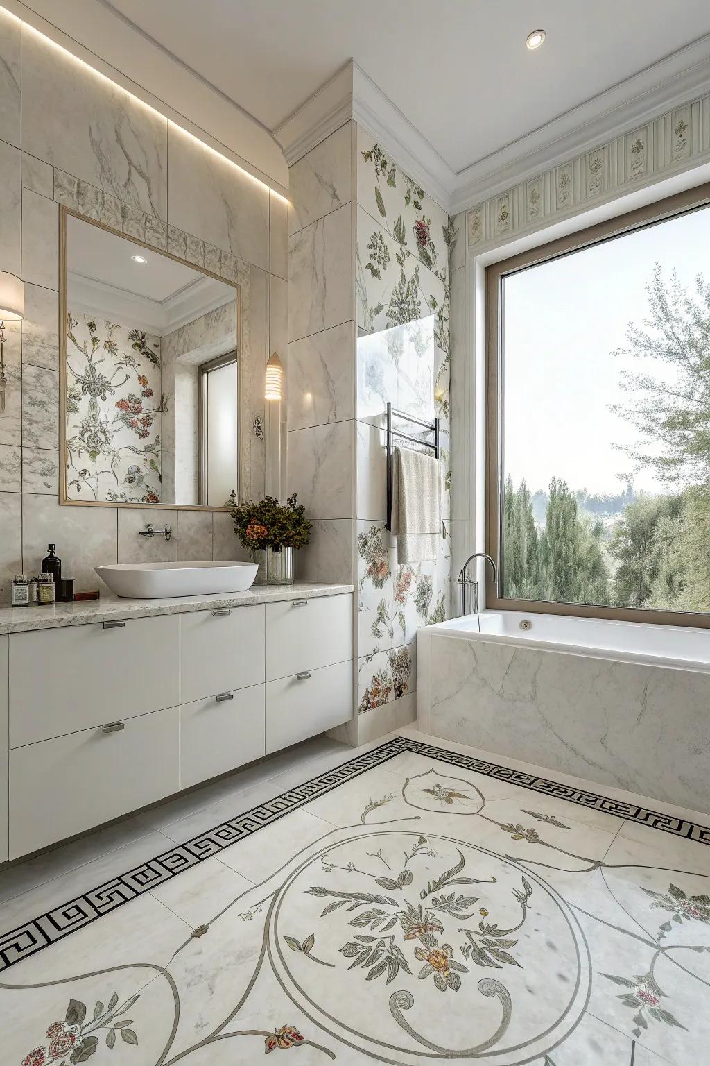 Chic botanical stone-style polished stoneware adds a fanciful element to the bathroom.