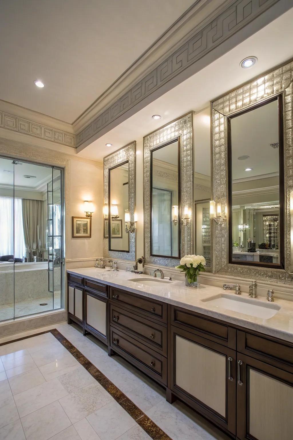 Mirrors amplify light and space, lending elegance to this master bathroom.