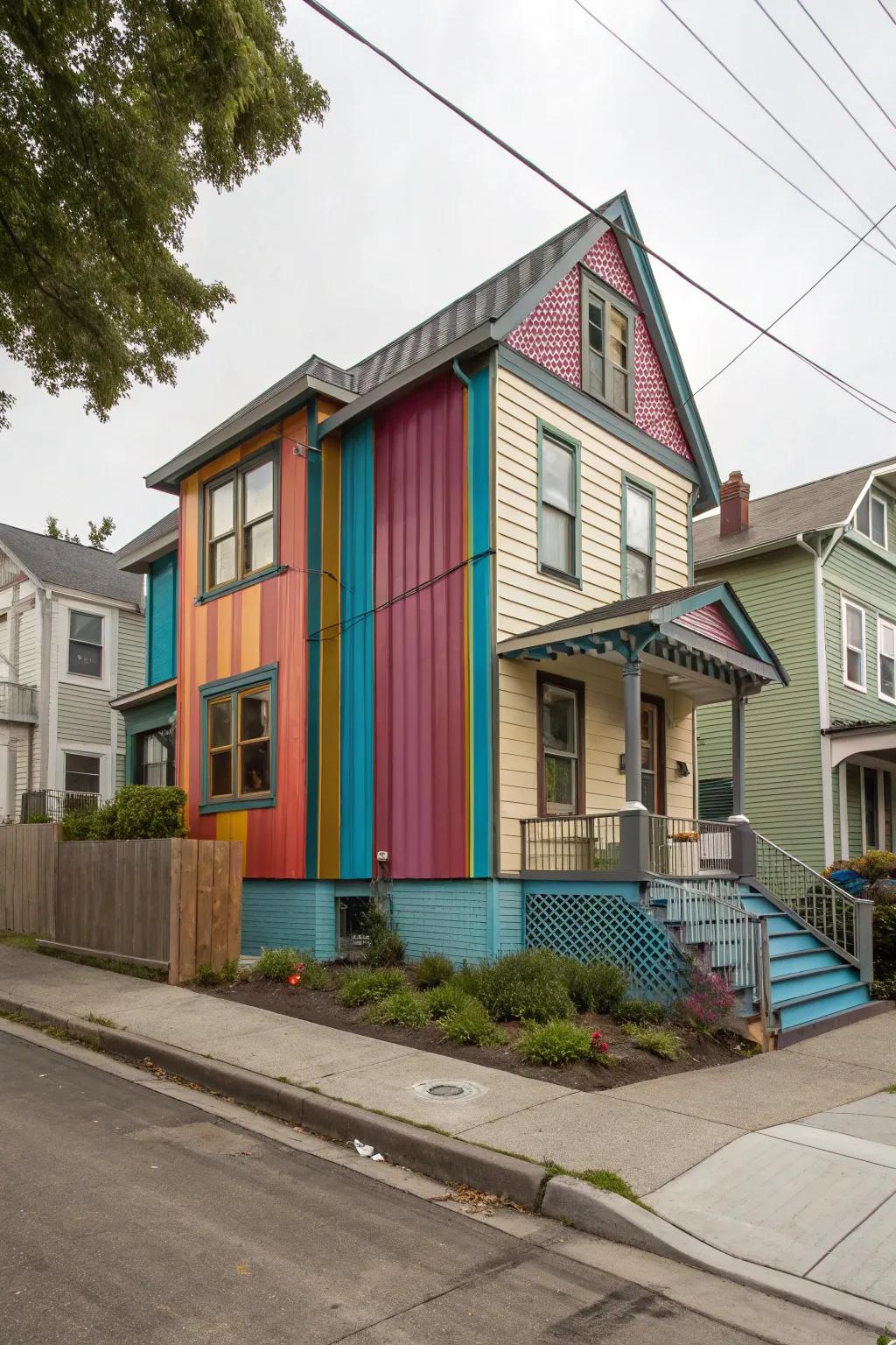 An artistic neighborhood home featuring vibrant accent shields of metal wall cladding for a bold look.