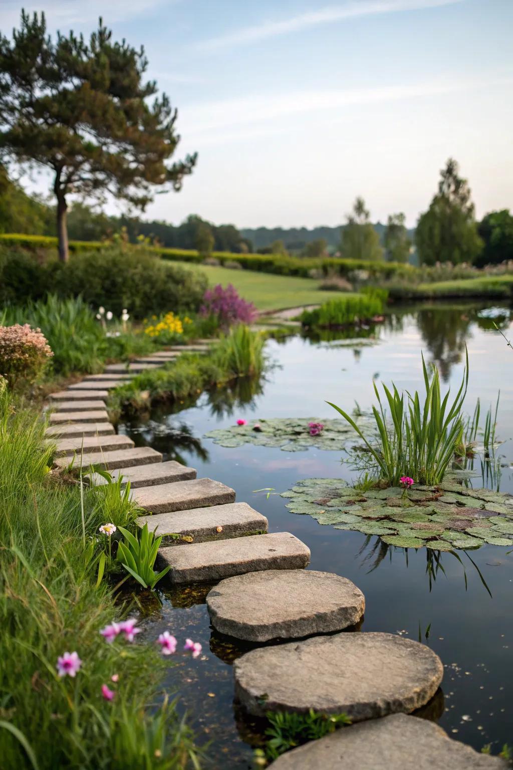 Stone pads call to a hidden gem of a mini pond.