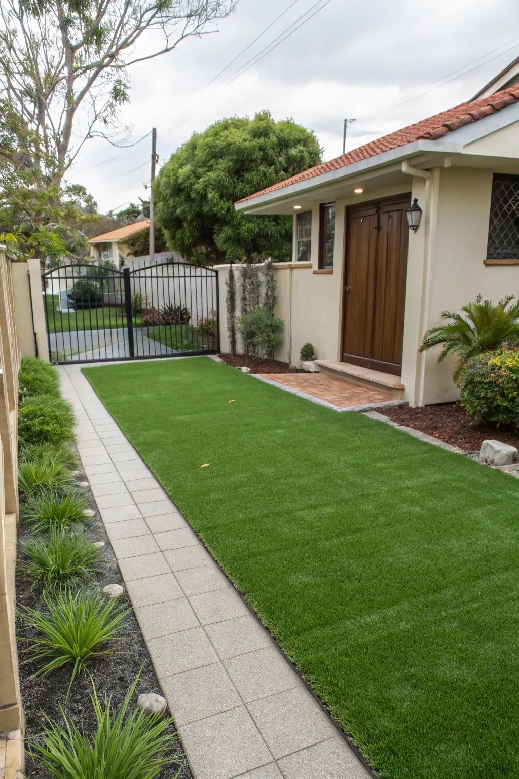 Artificial grass cleverly enlarges the perception of space in a small yard.