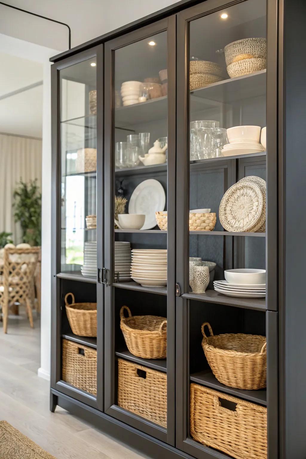 Baskets add texture and storage to a china cabinet.