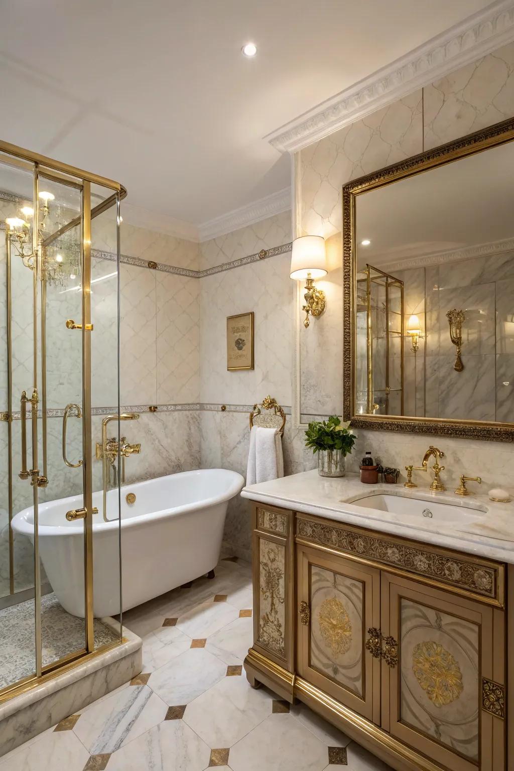 Brass features bring an element of beauty to this cozy bathroom.