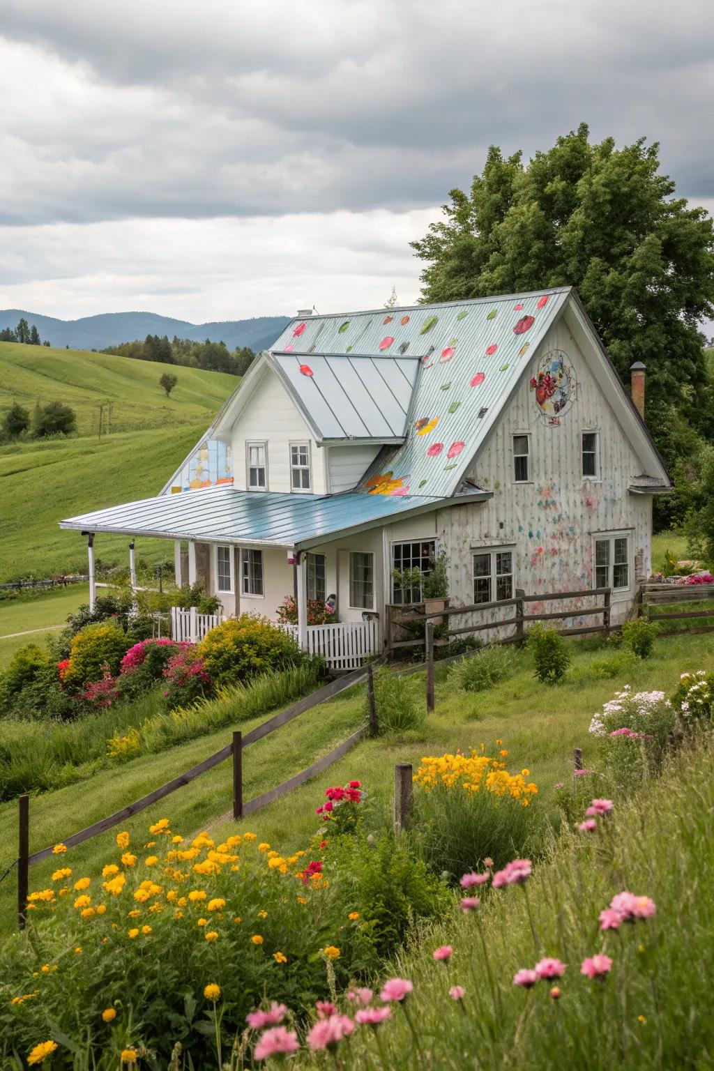 Dynamic creativity: A farmhouse featuring a lively patterned metal roof.