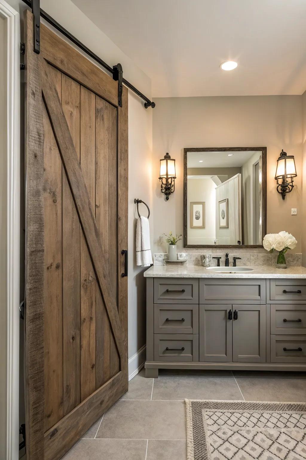 Sliding barn door entrance to a powder room.