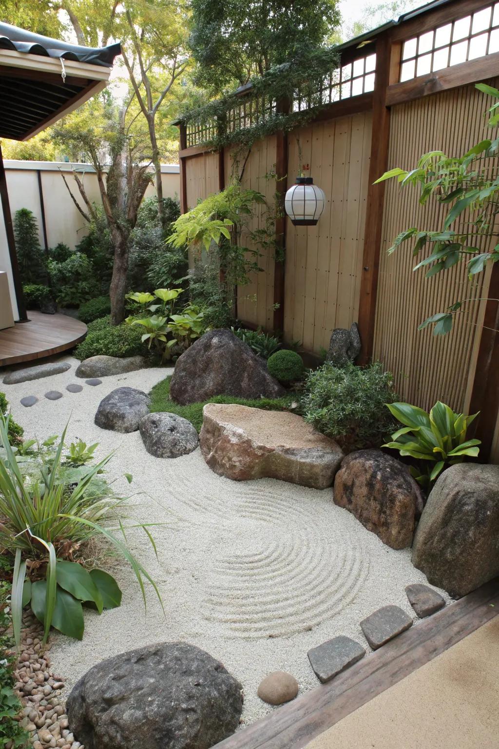 A meditation space provides a tranquil retreat for mindfulness in the garden.