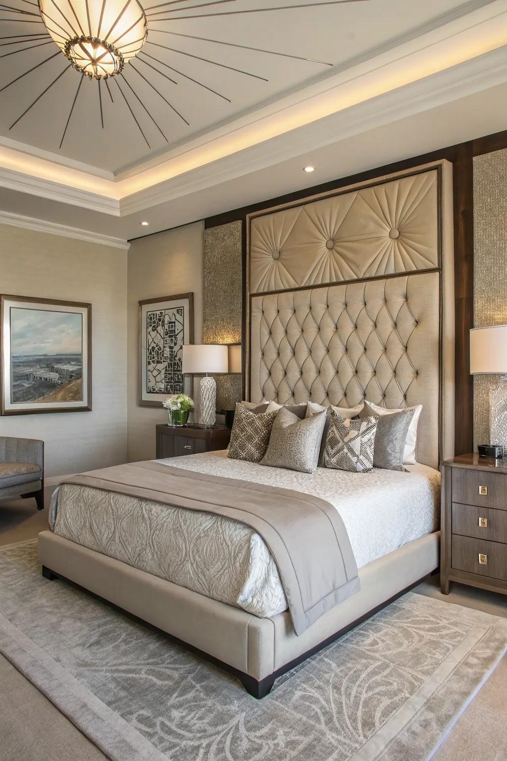 A statement headboard serves as the focal point in this contemporary bedroom.