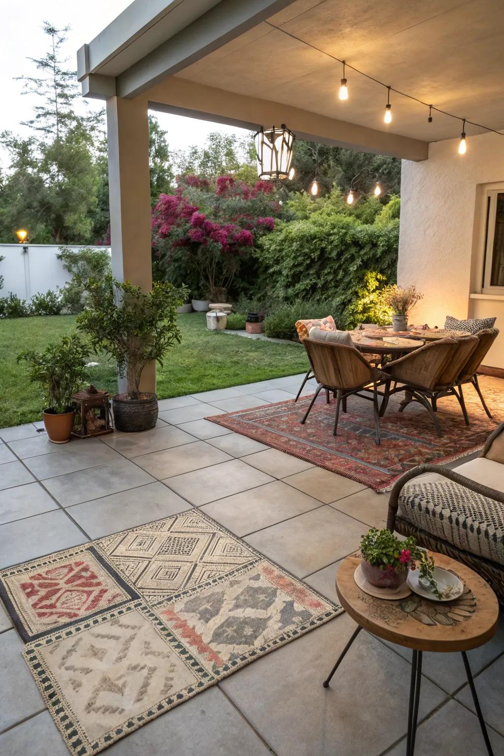 Pair ground covers with outdoor weaves for distinct, cozy zones.