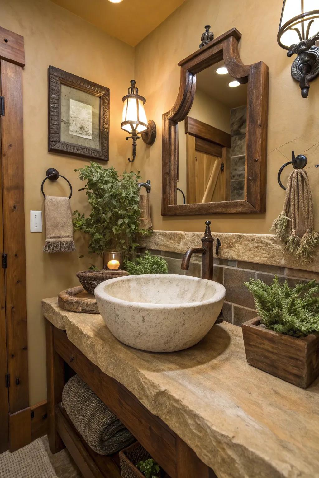 A custom stone bowl delivering an impressive focal point inside a rural washroom.