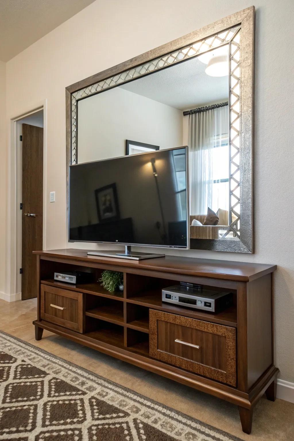 Mirror above TV stand expanding the room.