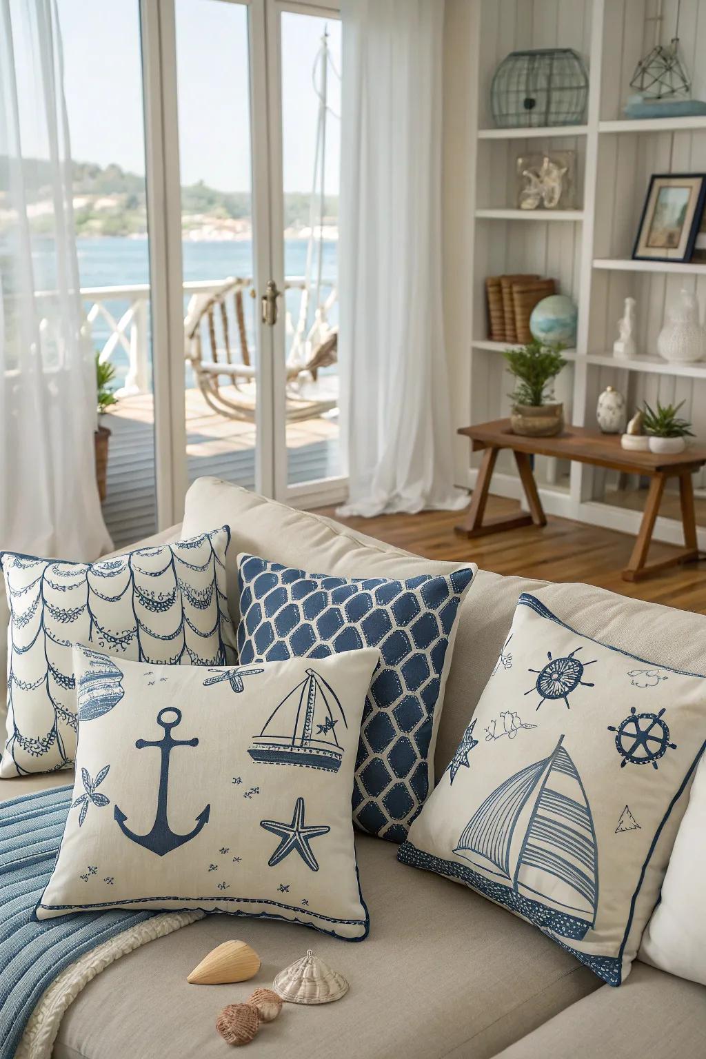 Seafaring throw cushions add comfort and style to any seating area.