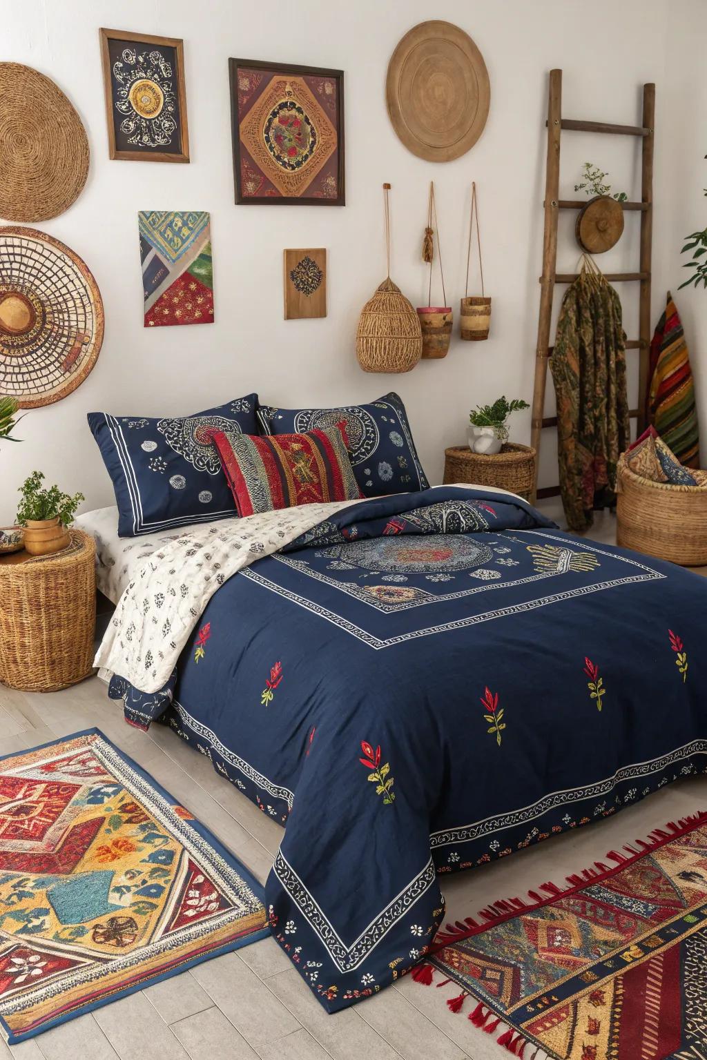 Add a global touch with cultural patterns in navy bedding.
