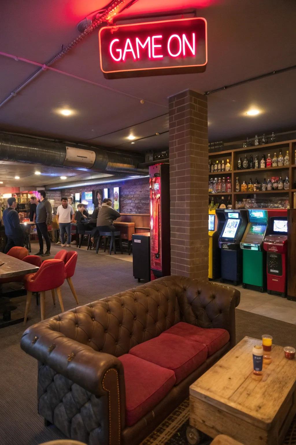 A vibrant sign enhances the entertainment vibe of a lounge.