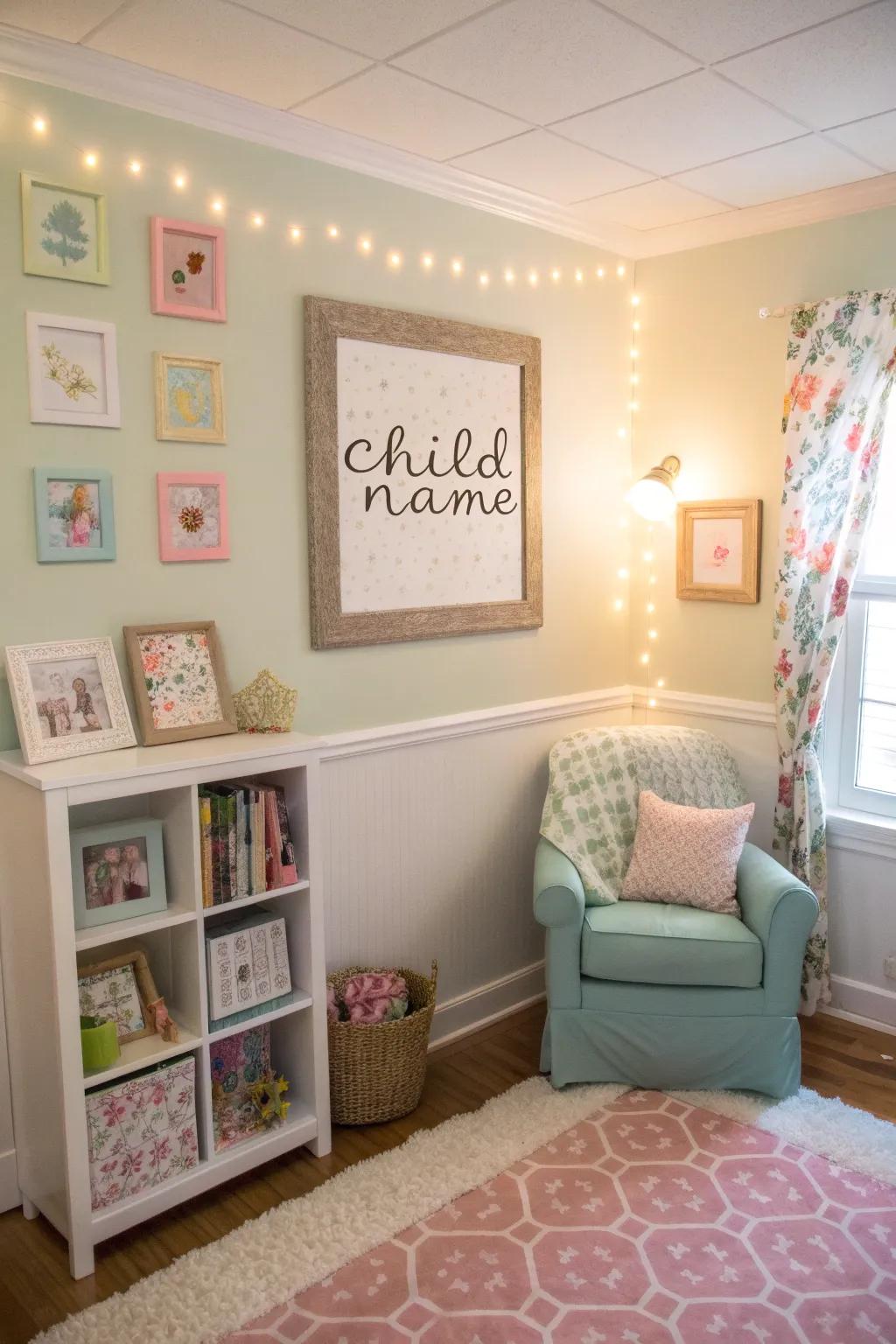 Individualized art appends character and allure to the nursery nook.