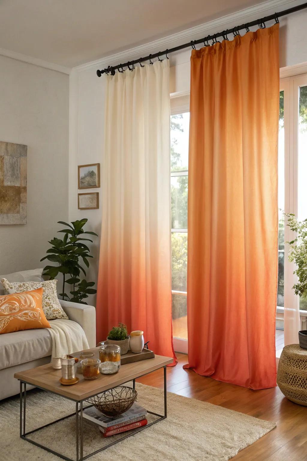 Captivating ombre effect with orange window coverings adding a surprise element.