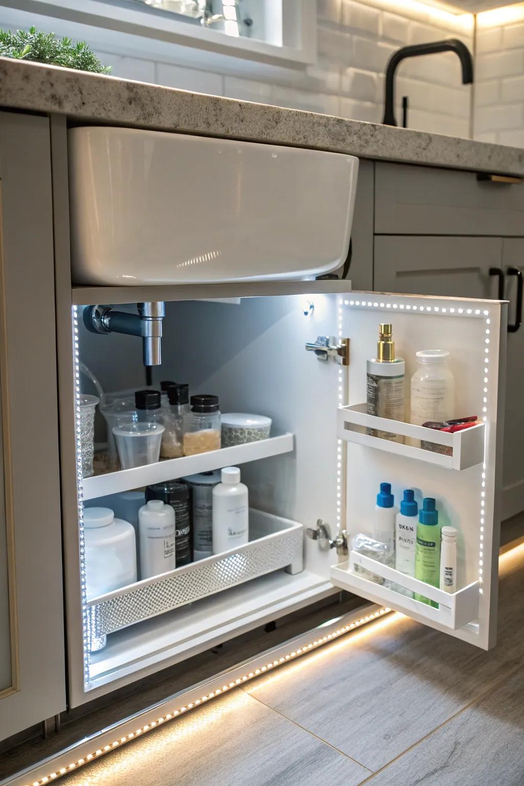 LED lights add brightness to under-sink storing.