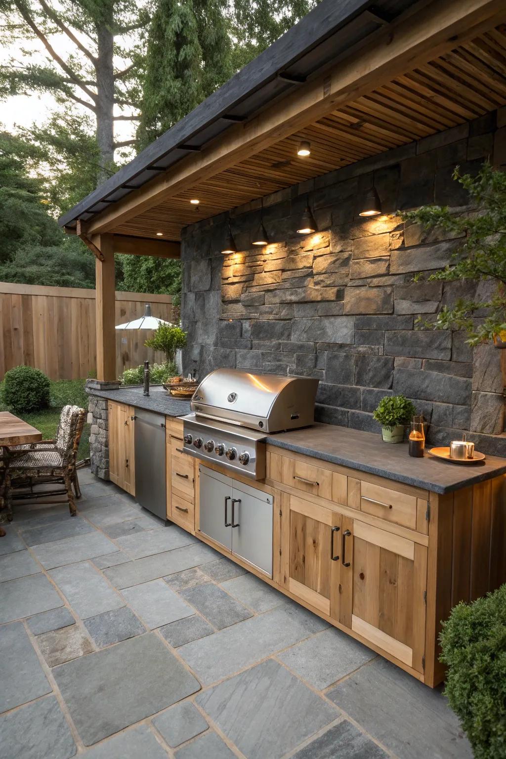 Slate backsplashes offer understated elegance with natural textures in outdoor kitchens.