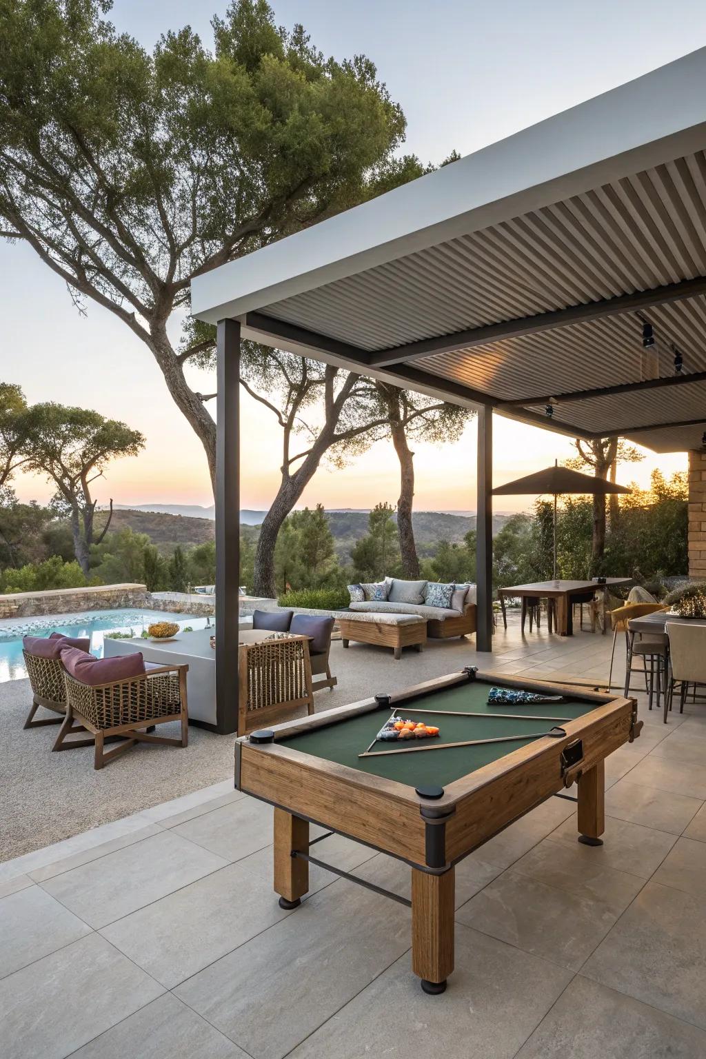 An adaptable outdoor pool table area with versatile furniture.