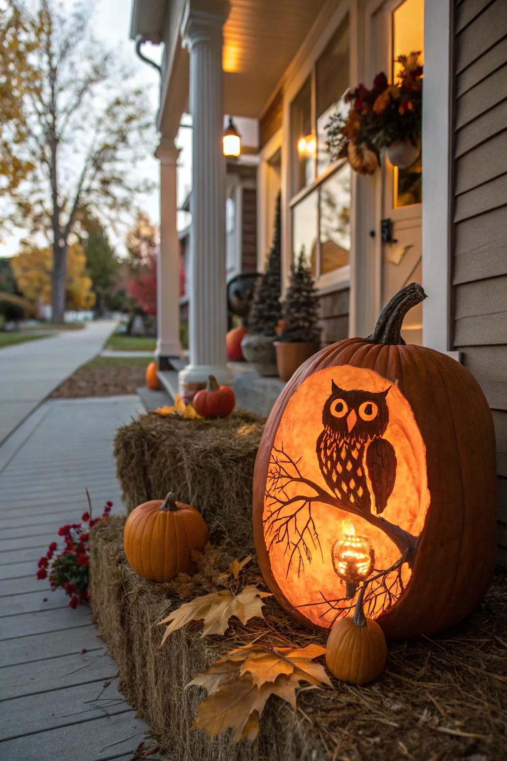 An owl in a pumpkin patch celebrates the bounty of the harvest season.
