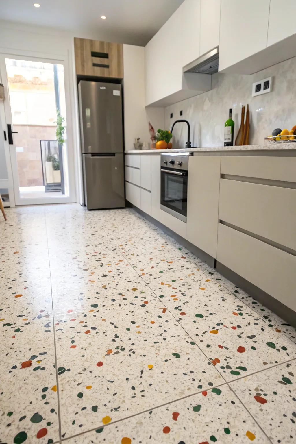 A kitchen featuring floors painted to look like terrazzo, which offers a stylish and practical lasting appeal.