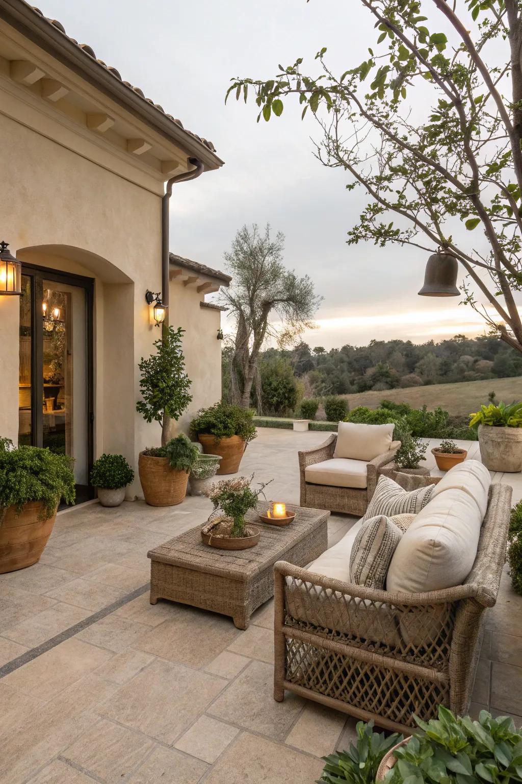Natural neutrals offer a calming and cohesive patio style.