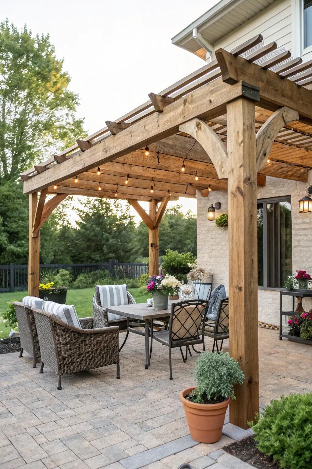 A DIY timber pergola delivering shade over a patio seating zone.