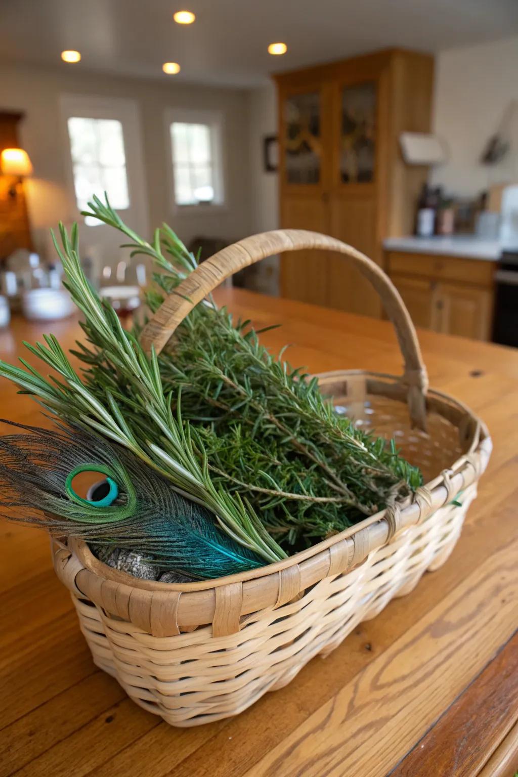A sensory centerpiece featuring herbs and peacock plumes.