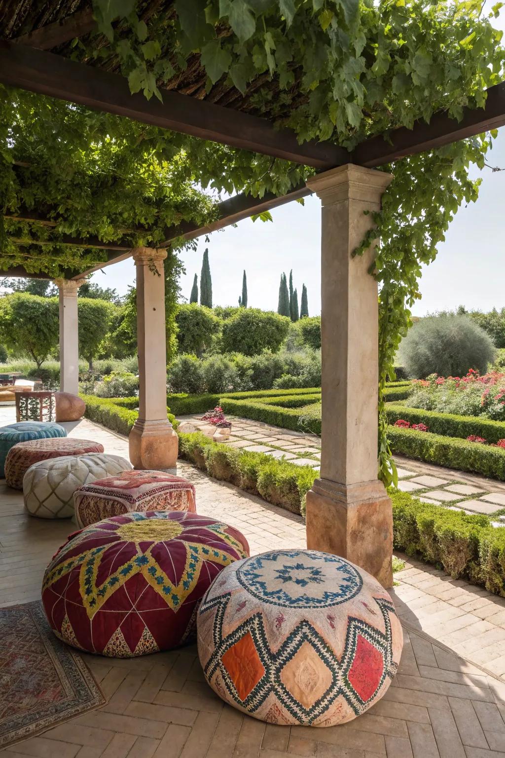 Moroccan poufs add seating and an exotic flair to your outdoor space.