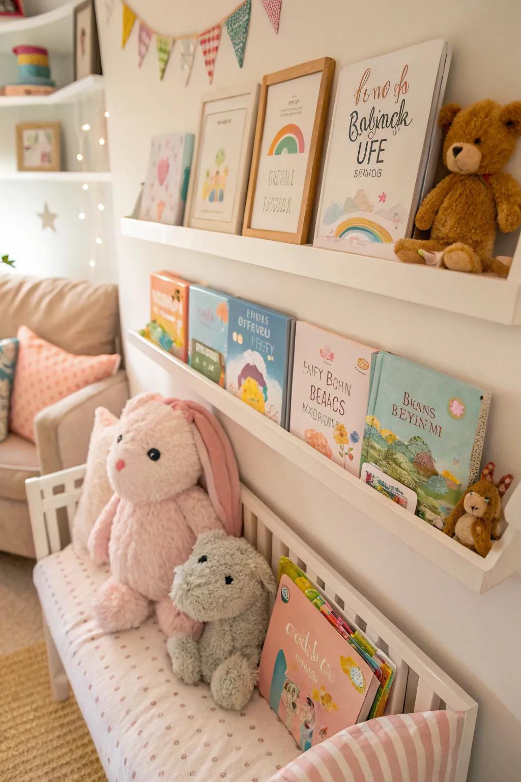 A nursery picture ledge contributes charm and practicality.