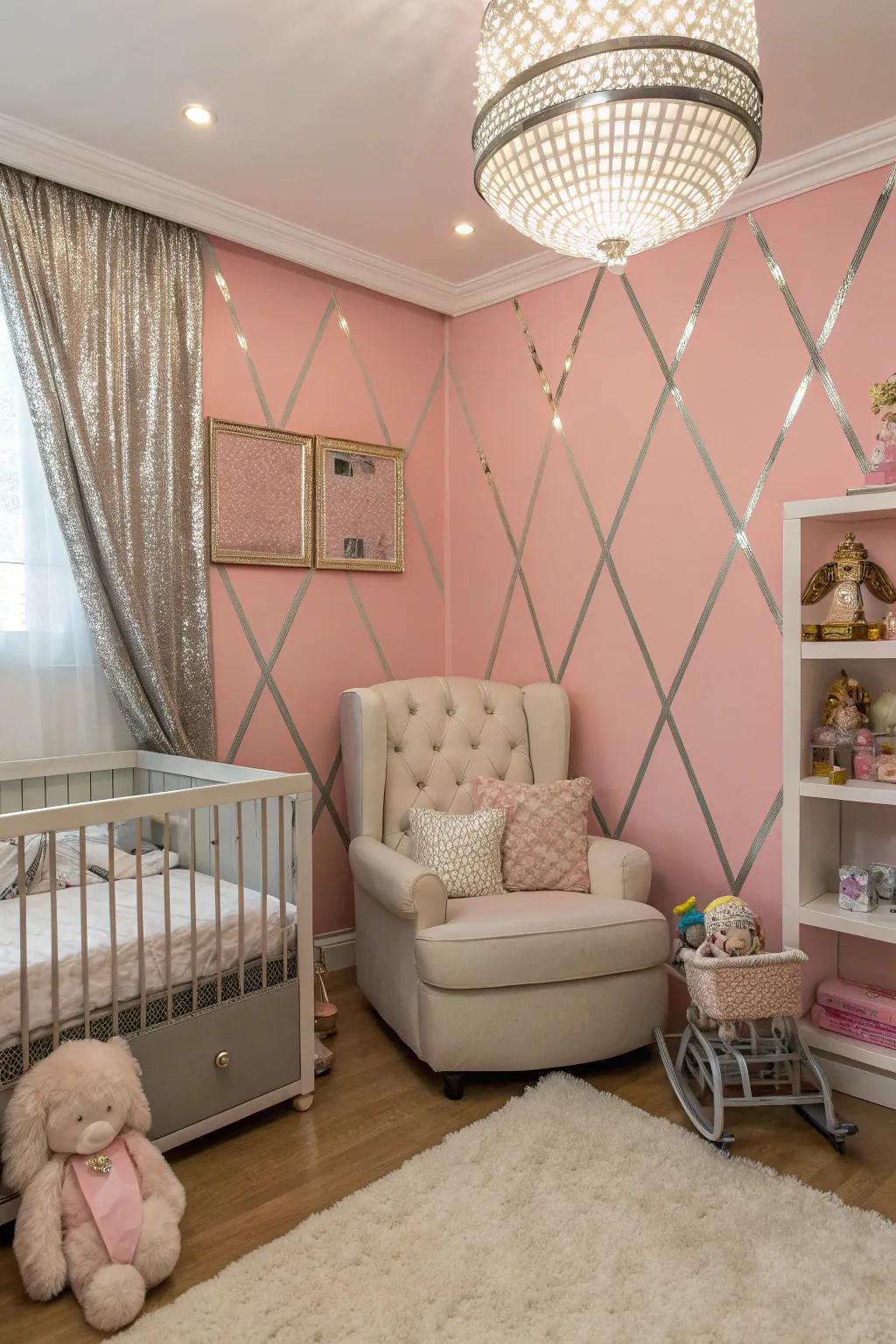 A glamorous nursery with pink walls and metallic highlights.